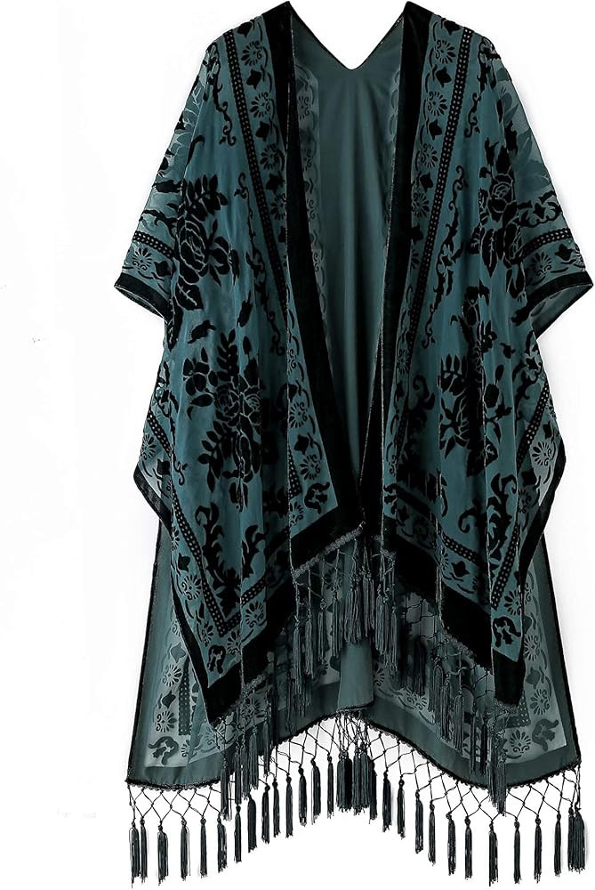 WeHello Women's Burnout Velvet Kimono Long Cardigan Cover Up with Tassel Dark Green | Amazon (US)