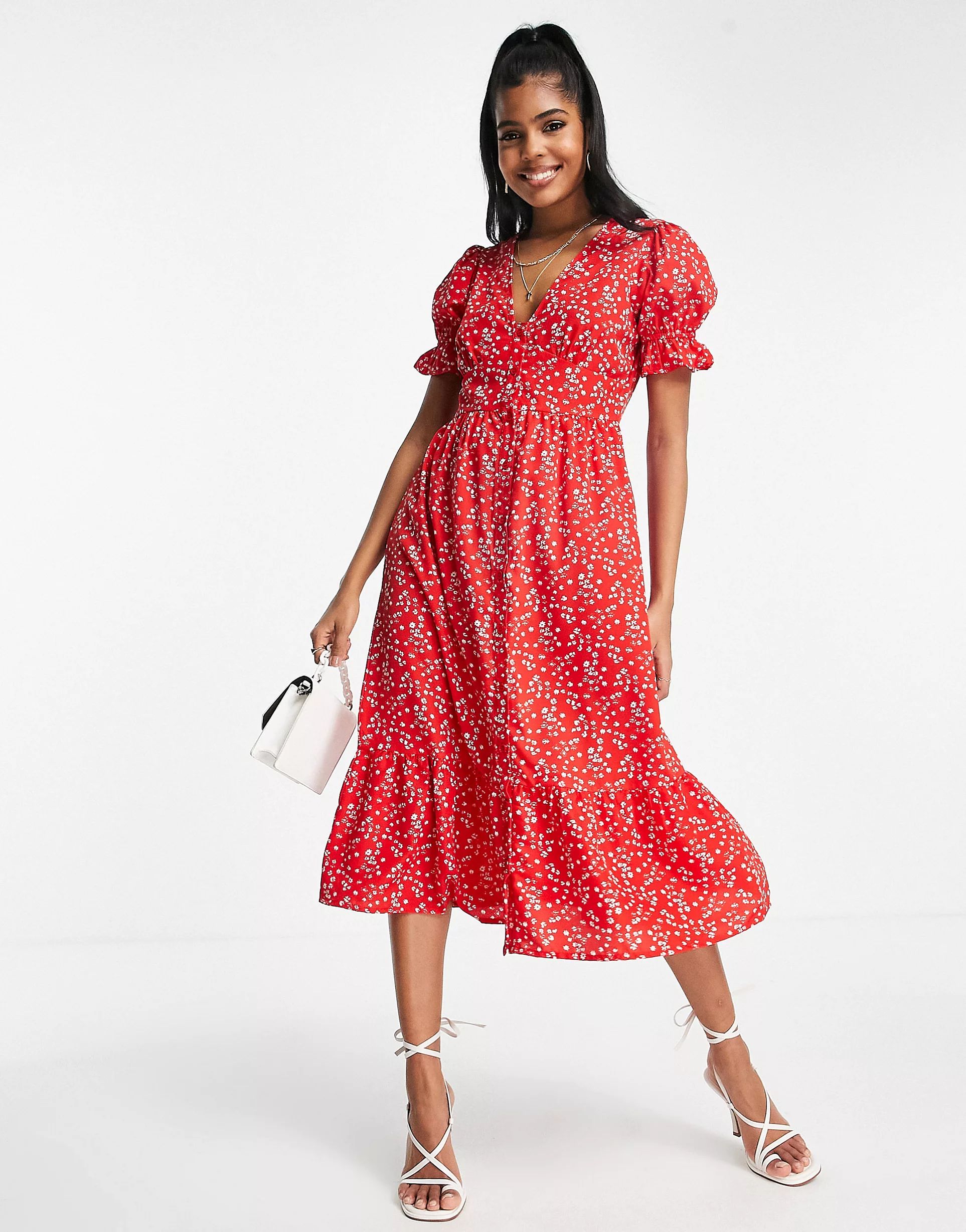 In The Style x Jac Jossa exclusive button through puff sleeve midi dress in red ditsy print | ASOS (Global)