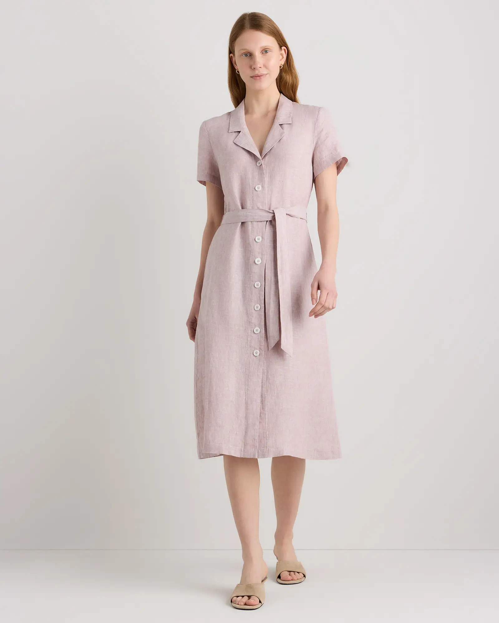 100% European Linen Button Front Dress in Vintage Pink Chambray | Quince