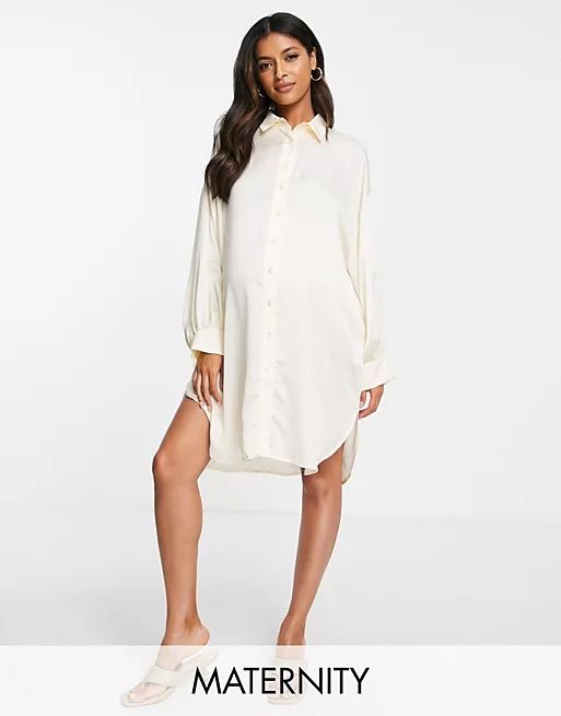 Glamorous Bloom oversized satin shirt dress in cream | ASOS (Global)