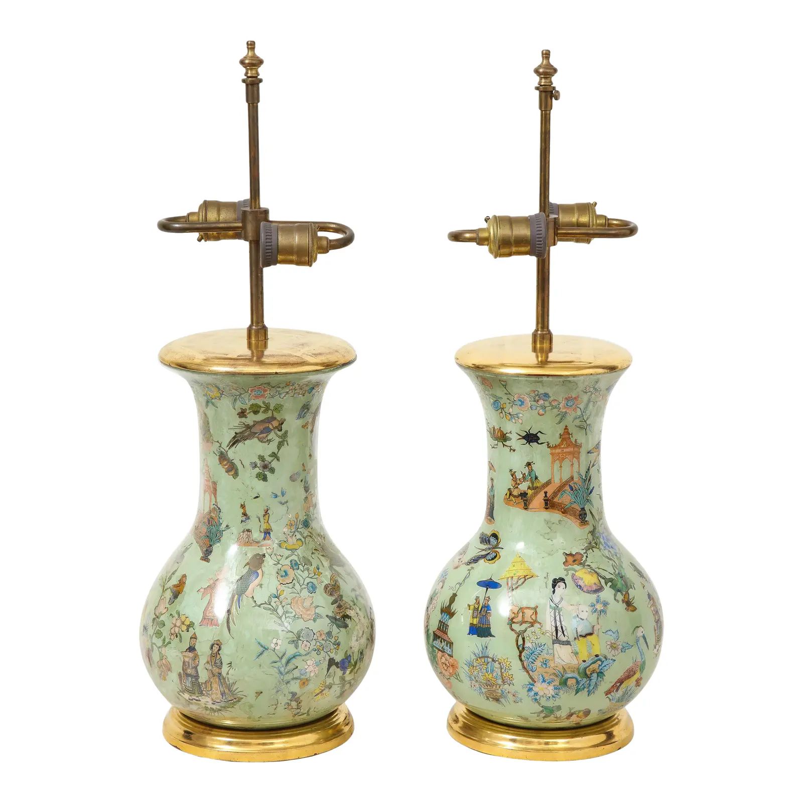 19th Century Green Decalcomania Vases Mounted as Lamps - a Pair | Chairish