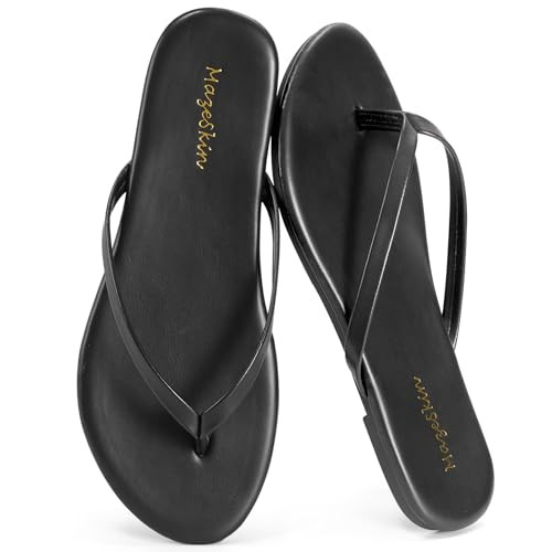 mazeskin Women's Memory Foam Comfortable Flat Thong Sandals Dressy Summer Beach Leather Slide Flip Flops,Black Wide US7 | Amazon (US)