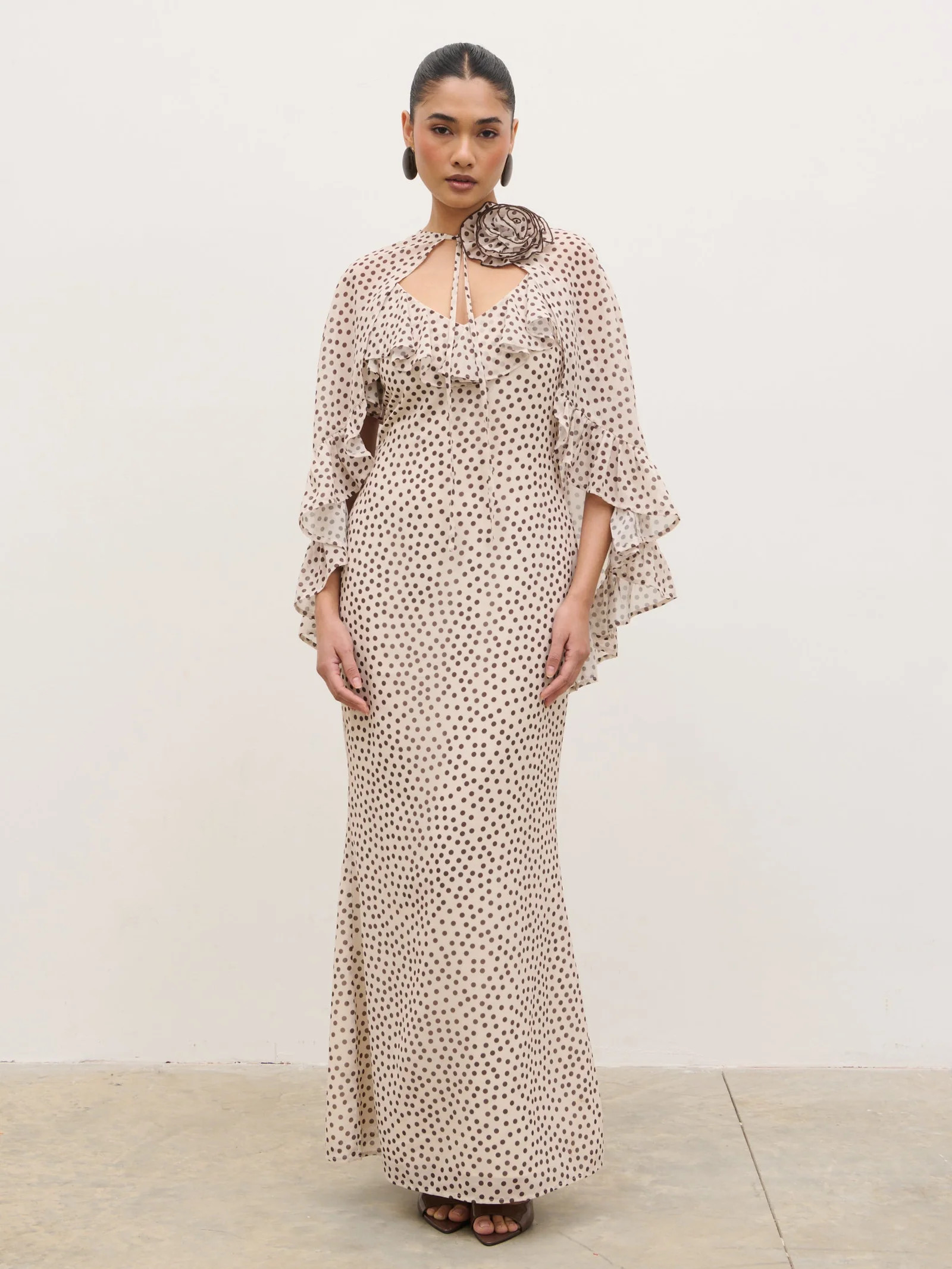 Oriana Corsage Cape Maxi Dress - Cream and Brown Polkadot | Pretty Lavish (UK)