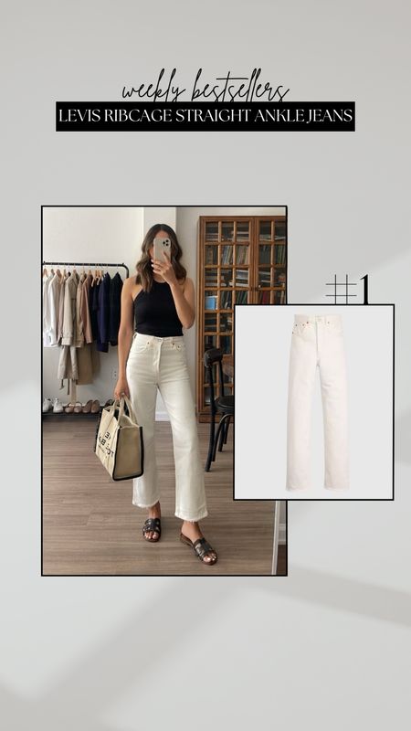 #1 bestseller - levi’s ribcage ankle straight jeans

• ‘ cloud over white’ wash (a nice ecru/off-white)
• size 25 

Spring outfit / summer outfit / black tank / white jeans / elevated sandals / Marc jacobs the tote bag 

#LTKstyletip