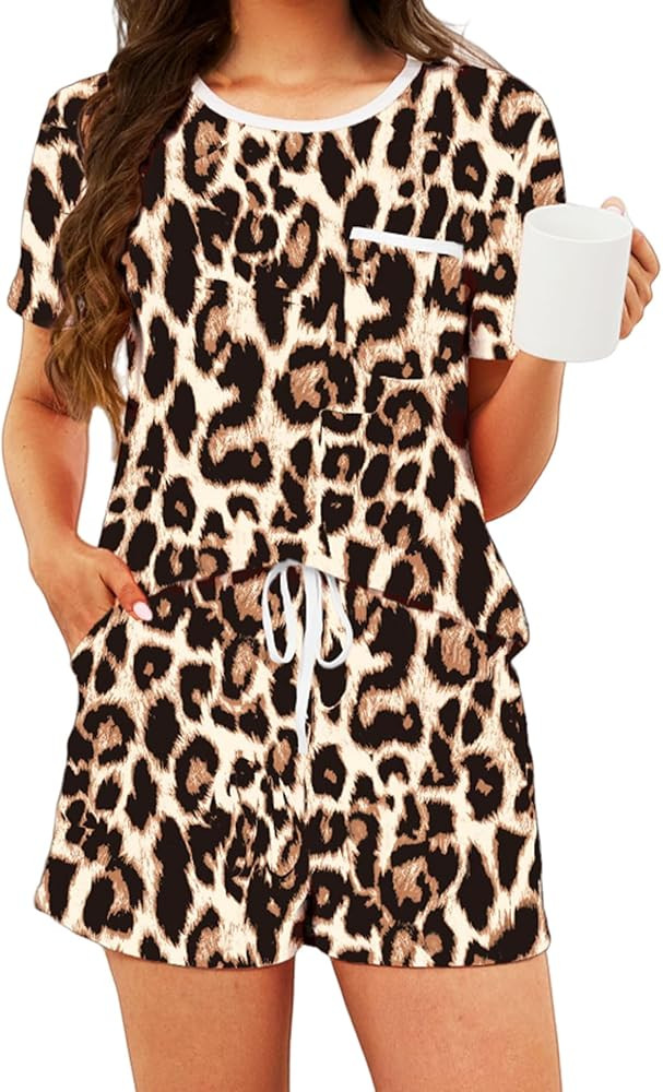 Pajama for Women 2 Piece Short Sleeve Sleepwear Tops and Shorts Pj Lounge Set with Pockets | Amazon (US)