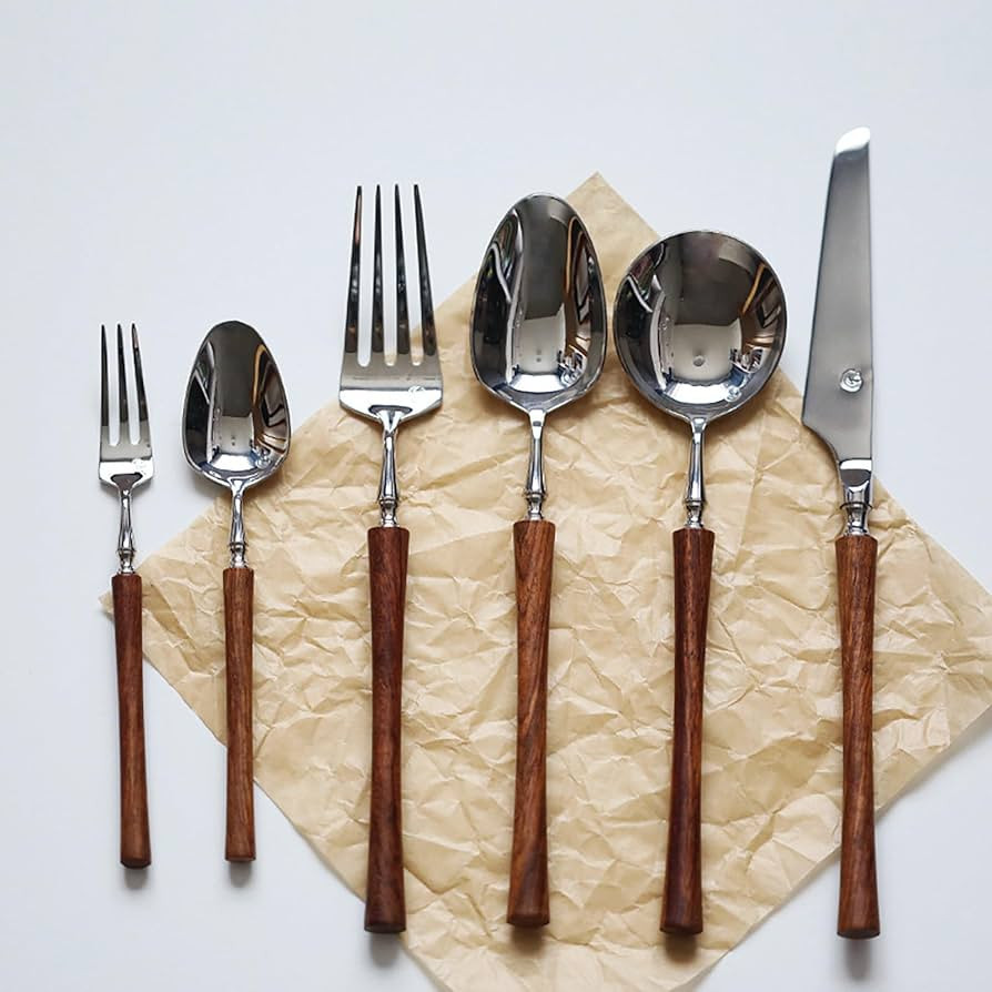 24 Piece Silverware Set Service for 4,Imitation Wooden Handle Steel Flatware Set Vintage Embossed... | Amazon (US)