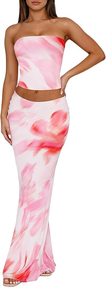 Two Piece Skirt Set Summer Floral StraplessTube Tops for Women Bodycon Maxi Skirts Y2k Vacation B... | Amazon (US)