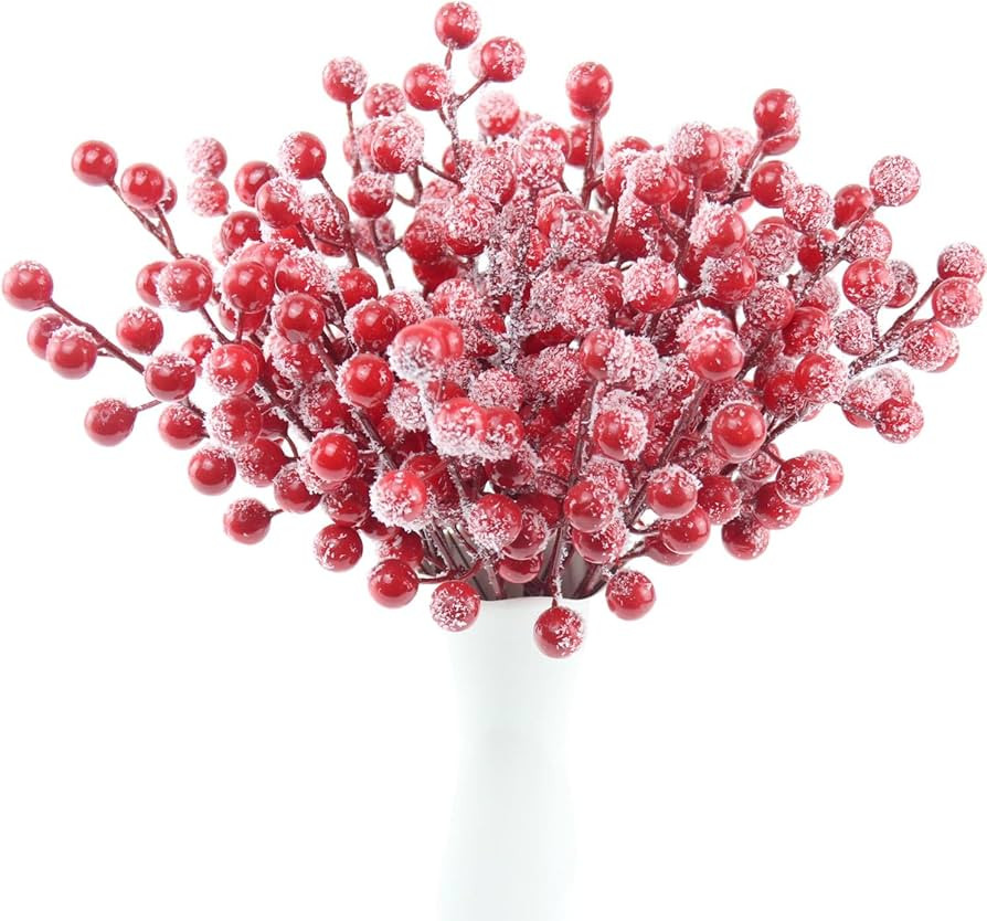 30 Pack Snow Frosted Red Berry Stems 8.9" Holly Frosted Berry Picks Snowy Artificial Red Berries ... | Amazon (US)