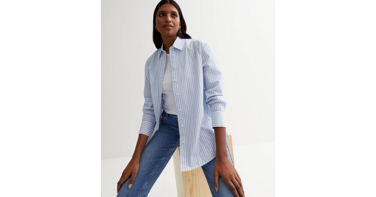 Blue Stripe Poplin Collar Long Sleeve Pocket Front Shirt
						
						Add to Saved Items
						Re... | New Look (UK)