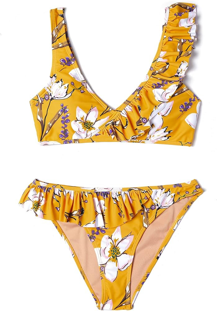 Women Two Pieces Ruffle Top Bikini Sets, Push up Floral Flounce Ruched Padded Bathing Suits | Amazon (US)