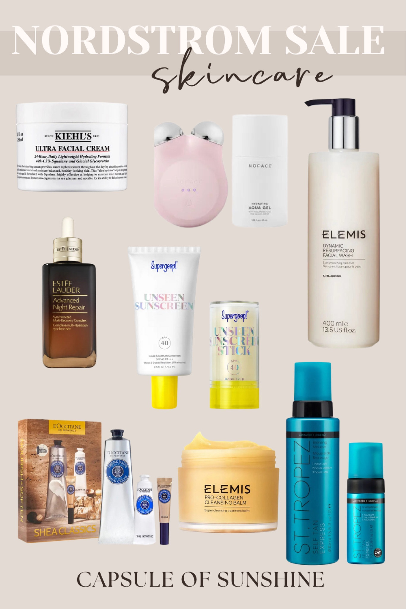 **Nordstrom Anniversary Sale Early Access has begun!** Starting today, July 10, Icons & Ambassadors now have access to shop. The sale will open to Influencers tomorrow, and everyone else on July 15. Be sure to start your Wish List now if you haven’t already and pull the trigger if you have early access! Several items are already starting to sell out!

**Nordstrom Anniversary Sale Skincare Picks**

Nordstrom Anniversary Sale | Skincare | Kiehl's Ultra Facial Cream | NuFACE Trinity Facial Toning Device | NuFACE Hydrating Aqua Gel | Elemis Dynamic Resurfacing Facial Wash | Estée Lauder Advanced Night Repair | Supergoop! Unseen Sunscreen | Supergoop! Unseen Sunscreen Stick | L'Occitane Shea Butter Hand Cream | Elemis Pro-Collagen Cleansing Balm | St. Tropez Self Tan Express | Capsule of Sunshine | NSALE

#NordstromAnniversarySale #Skincare #Kiehls #NuFACE #Elemis #EsteeLauder #Supergoop #LOccitane #StTropez #BeautyDeals #CapsuleOfSunshine #NSALE #SkincareRoutine #SaleAlert #BeautySteals #ltkxnsale #ltkskincare #ltksummersales

#LTKSaleAlert #LTKxNSale #LTKSummerSales