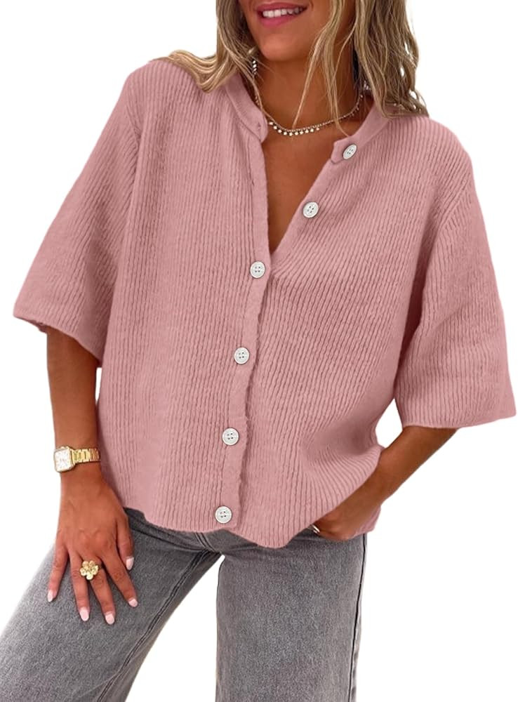 LILLUSORY Short Sleeve Cardigan Sweaters for Women 2026 Summer Cropped Button Up Sweater Tops Cas... | Amazon (US)