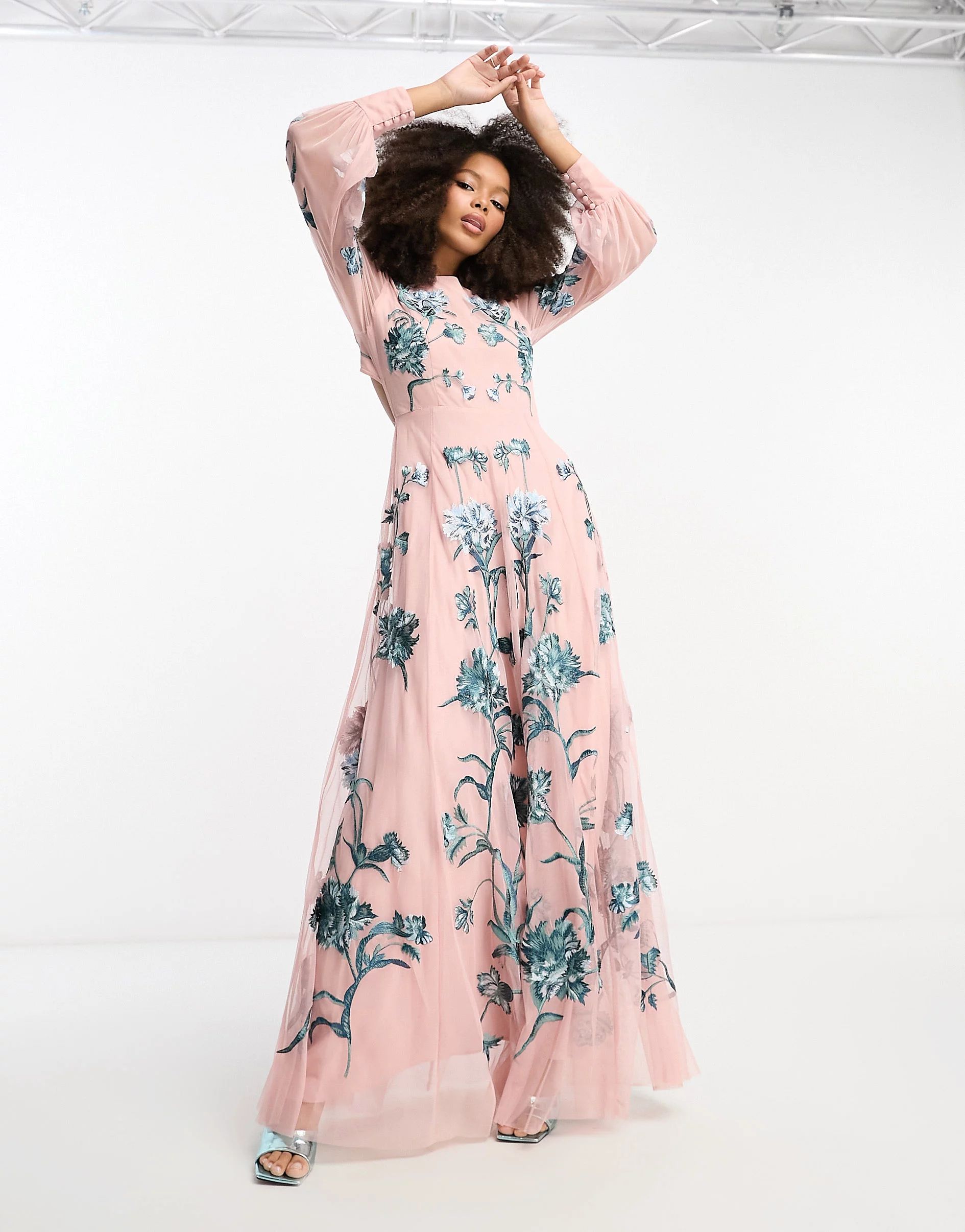 ASOS EDITION blouson sleeve floral embroidered maxi dress with open back in light pink | ASOS (Global)