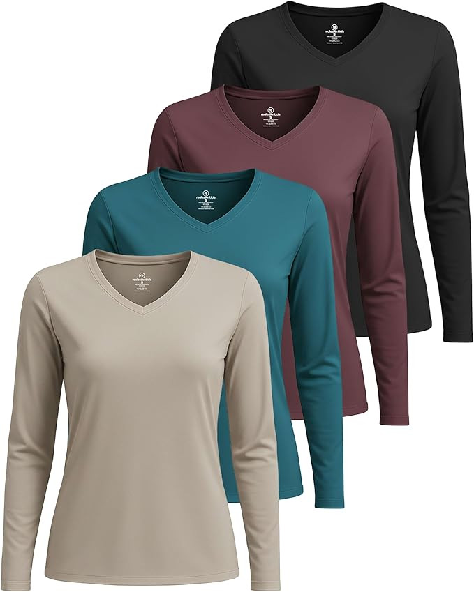 Real Essentials 4 Pack: Women's Long Sleeve Dry Fit V-Neck T-Shirt - Active Athletic Workout Gym ... | Amazon (US)
