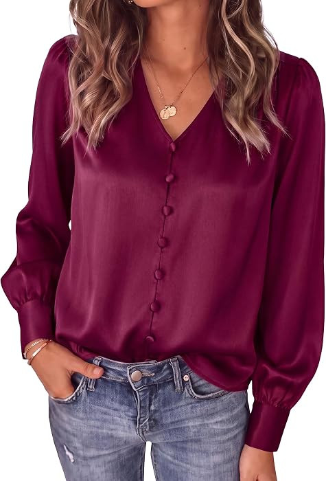 PRETTYGARDEN Womens Long Sleeve Satin Blouses Silk Business Casual Outfits | Amazon (US)