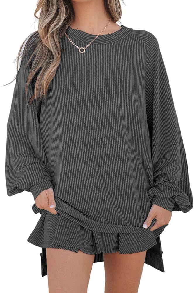 Womens 2 Piece Outfits Ribbed Oversized Long Sleeve Top and High Waist Skort Lounge Matching Skir... | Amazon (US)