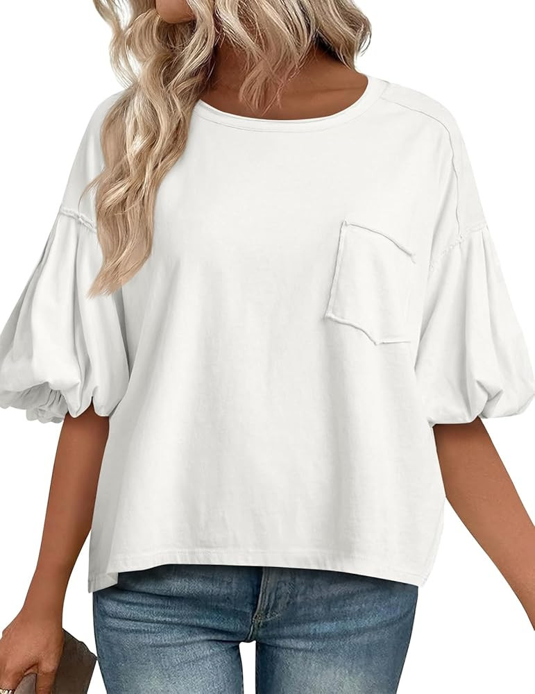 Cicy Bell Womens Puff Sleeve Tops Crew Neck Drop Shoulder Pocket T-Shirt Summer Casual Tees Loose... | Amazon (US)