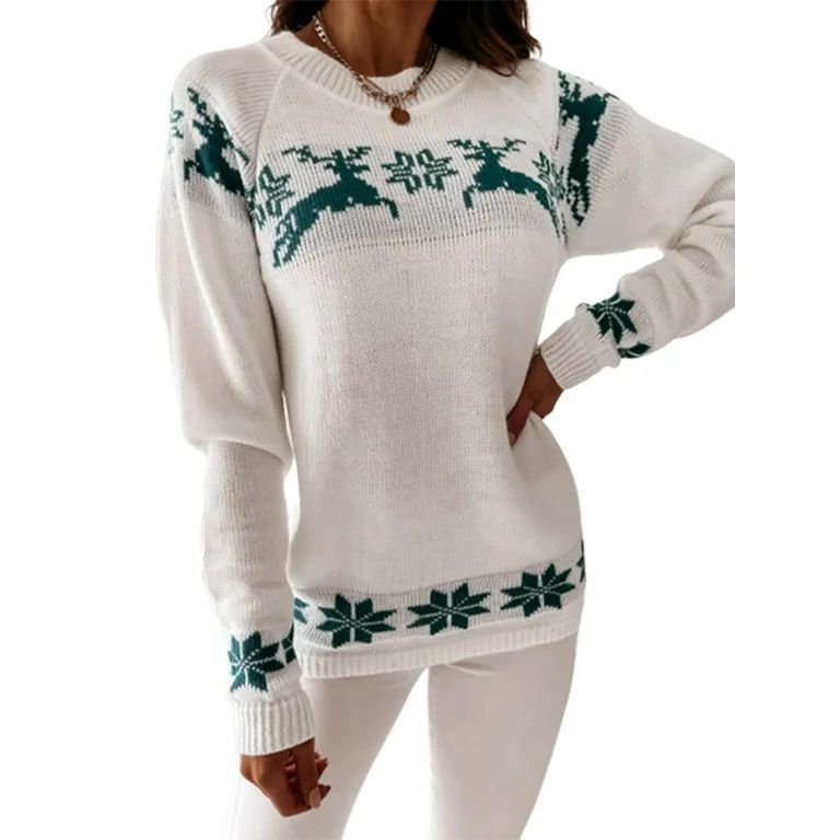 Canis Women's Christmas Round Neck Sweaters, Long Sleeve Elk Snowflake Print Loose Knit Tops | Walmart (US)