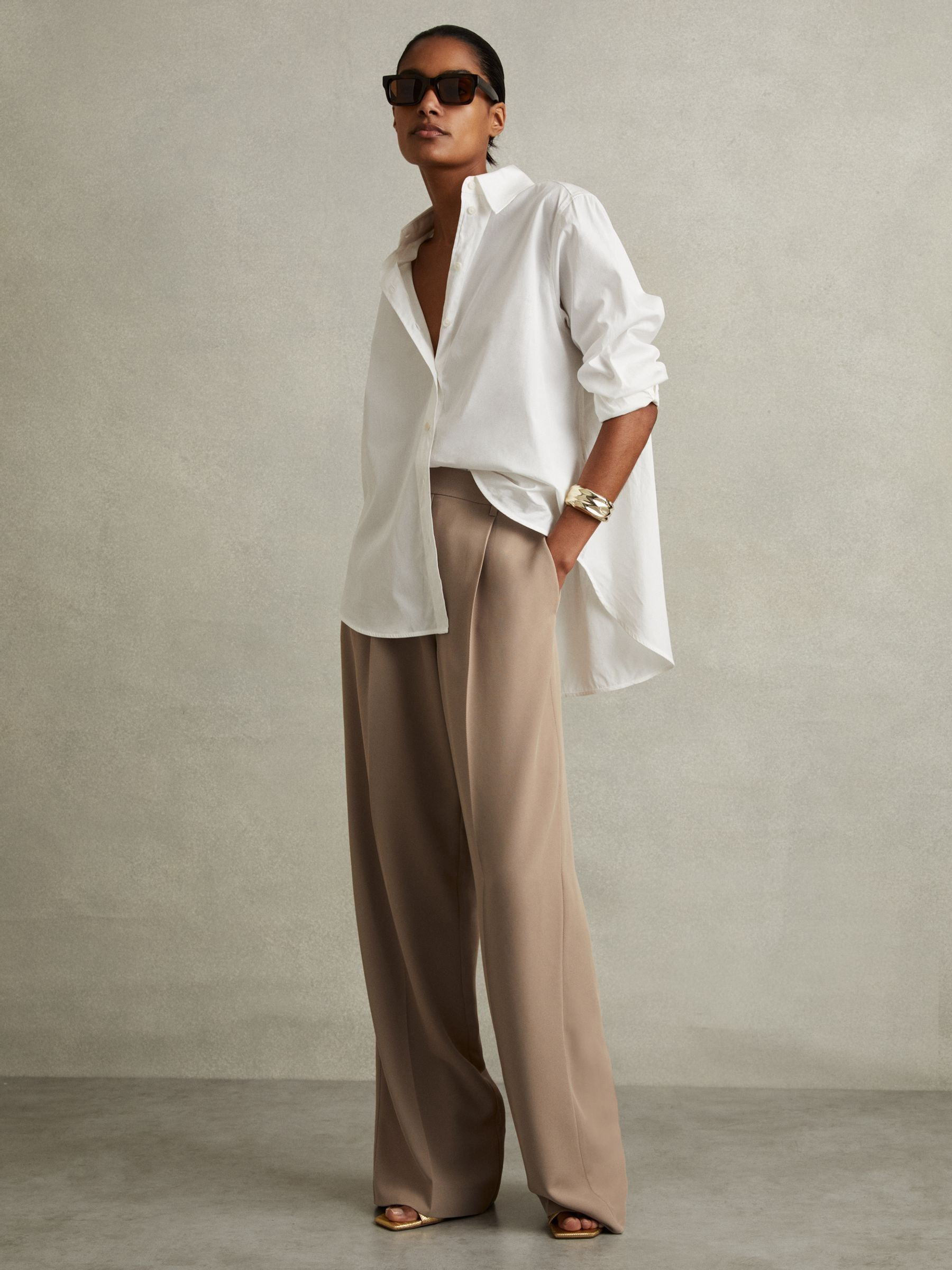 Elasticated-Waist Wide-Leg Twill Trousers in Mink Neutral | Reiss UK