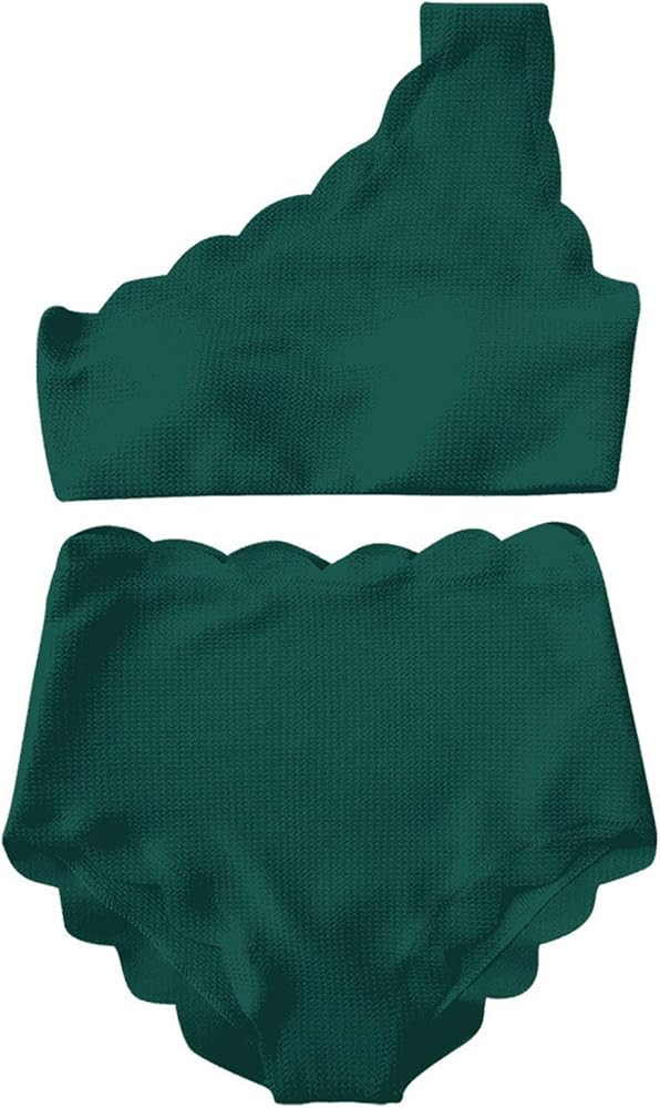 High Waisted Swimsuit Two Piece Bikini Set Scalloped Vintage Women Off Shoulder Elastic Swimwear | Amazon (US)