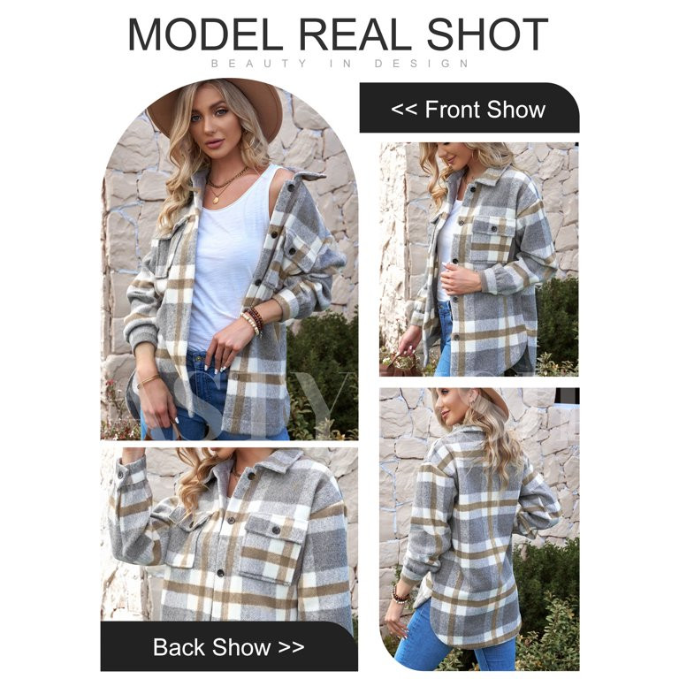 Astylish Shackets Women Long Sleeve Button Down Plaid Blouse Jackets Vintage Shirt Tops with Ches... | Walmart (US)
