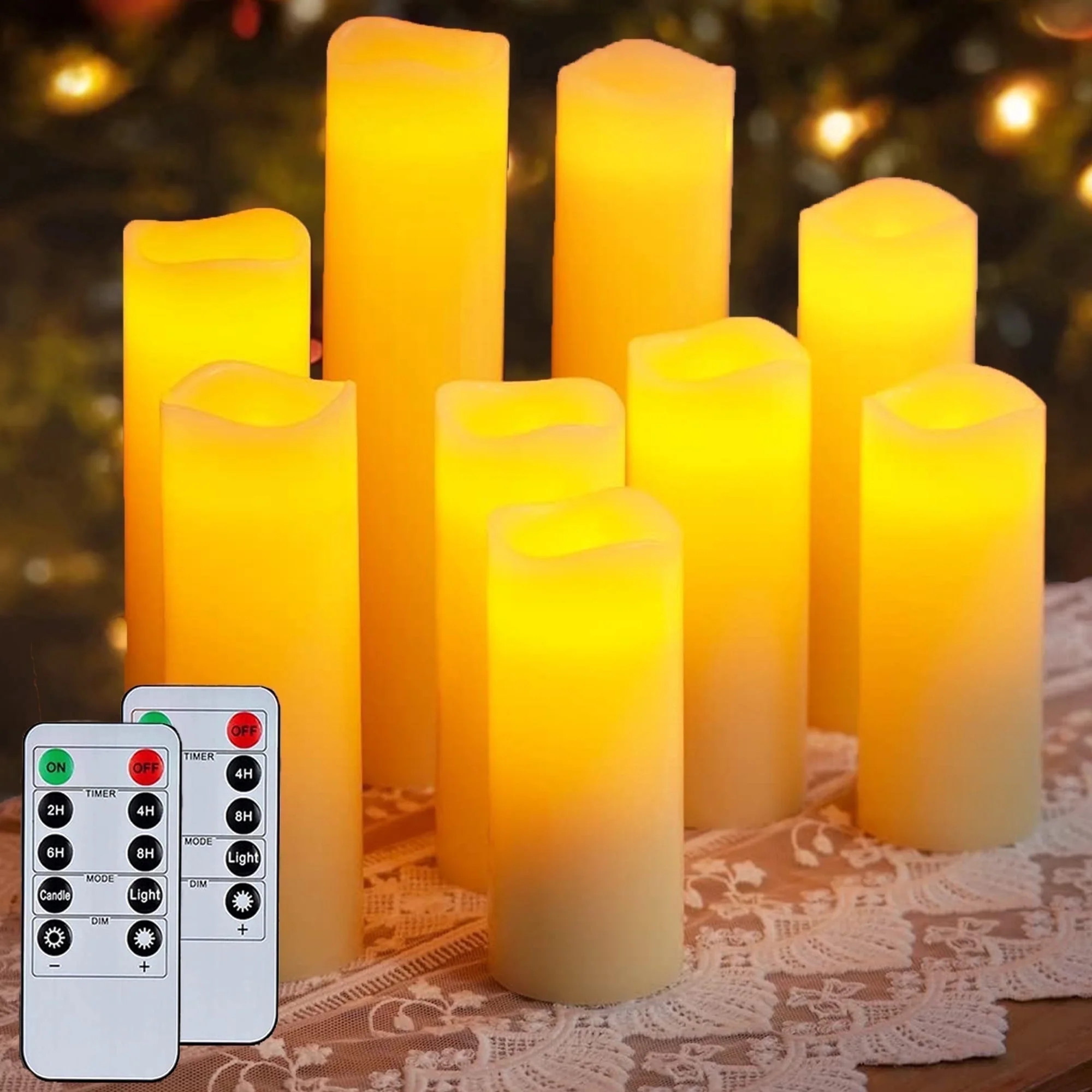 HIDAWN Flameless Pillar Candles with Remote,9 Pack Outdoor Large LED Fake Candles Battery Operated Electric Votive Flicker Lights,Ivory | Walmart (US)