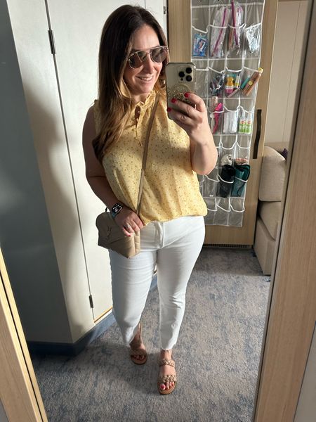 Spring Break outfit 
Yellow blouse tts, L // white jeans size up, 14

#LTKtravel #LTKcurves #LTKSeasonal