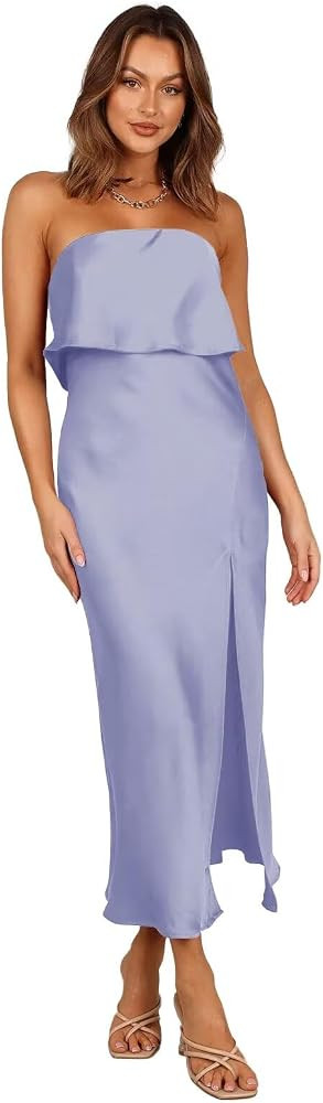 Smileven Strapless Satin Bridesmaid Dresses with Slit Midi Length Formal Wedding Guest Gowns | Amazon (US)