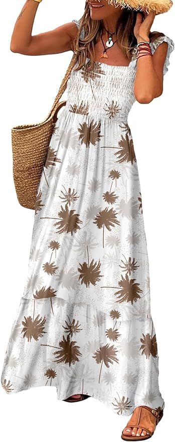LOLONG Maxi Dress for Women Summer Boho Spaghetti Strap Square Neck Ruffle Beach Sun Dress | Amazon (US)
