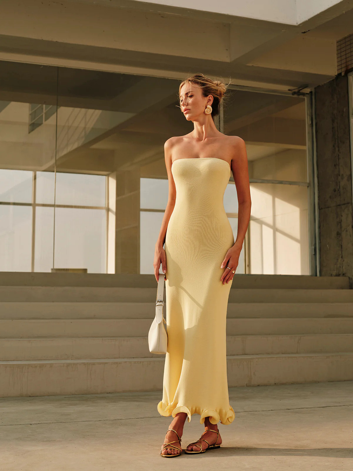 Cold-Shoulder Knit Ruffle Dress | Commense