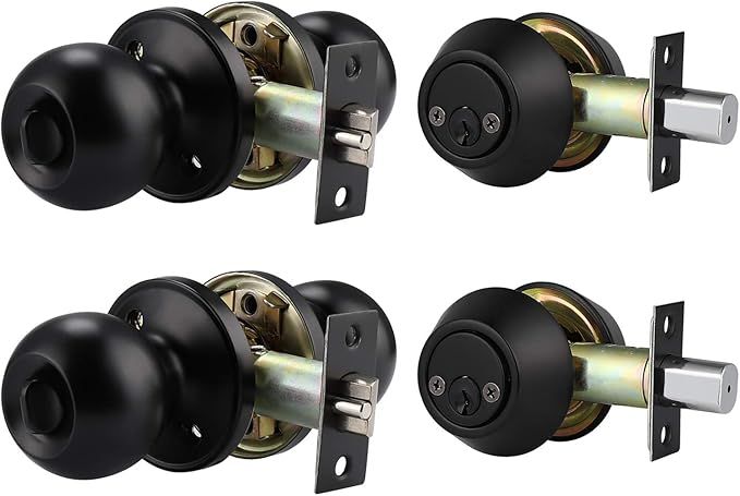 2 Pack Entry Door Knob and Double Cylinder Deadbolt Combination Set, Keyed Alike, Flat Black Entr... | Amazon (US)