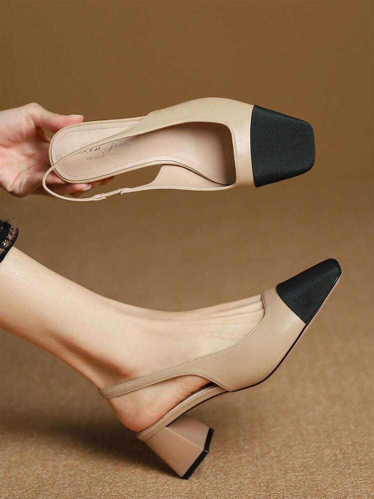 Fashion Pumps For Women, Two Tone Square Toe Chunky Heeled Slingback Pumps | SHEIN