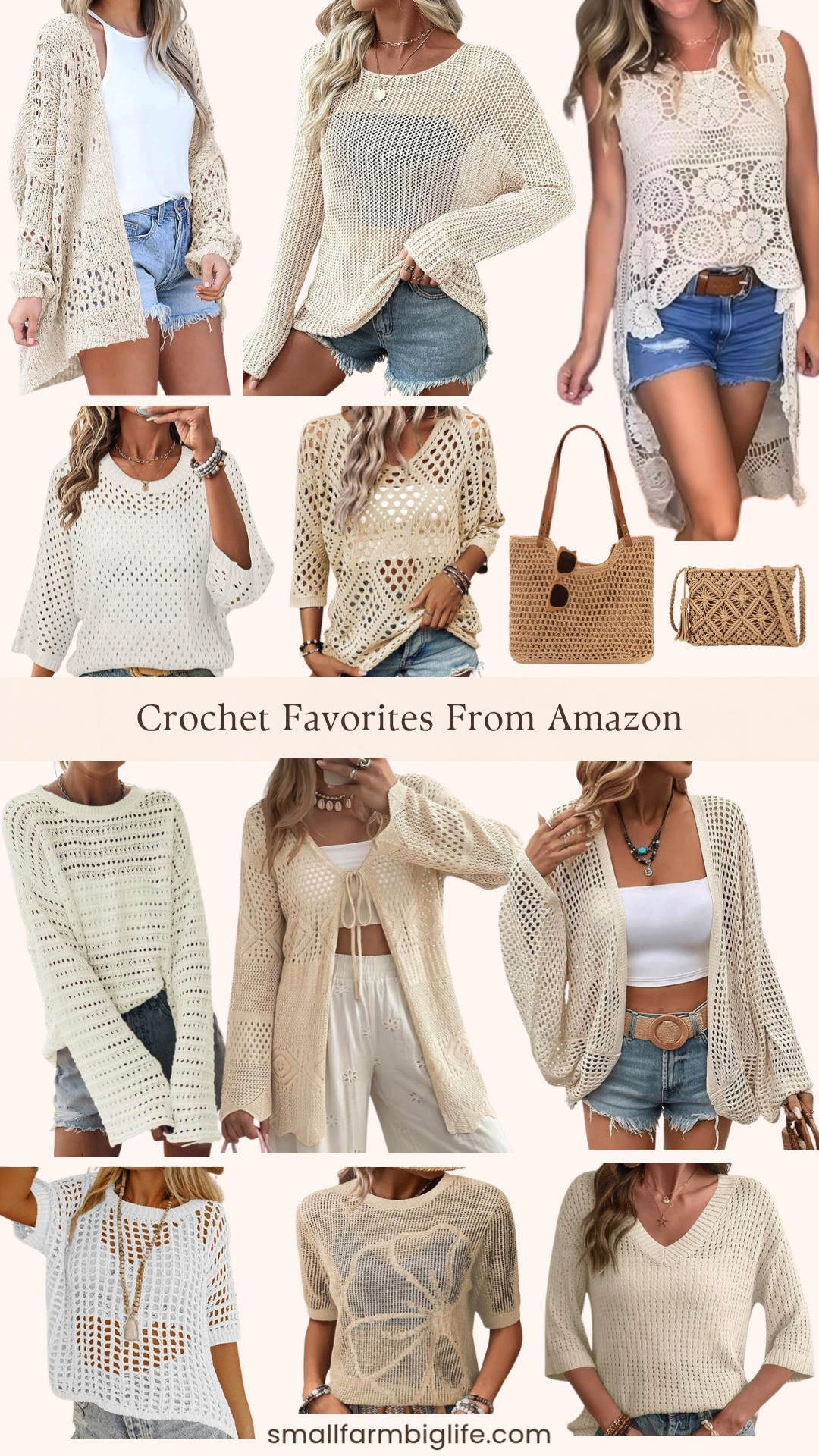 Crochet is one of my absolute favorite summer trends and Amazon has such a beautiful selection of styles right now in the most perfect neutral tones. I rounded up thirteen pieces including hollow out tank tops, three quarter sleeve pullovers, long sleeve lightweight sweaters, tie front bow cardigans, open front kimono cardigans, short sleeve crochet tops, and a boho woven tote and small crossbody bag to complete the look. Everything in this round up is in cream, white, beige, and natural tones which makes them so easy to layer over swimsuits, style with wide leg linen pants, or throw over a sundress for an easy and elevated summer look. The SHEWIN and Sidefeel styles are some of my favorites in this round up for the quality and fit at such an affordable price point. Tap to shop! 

 #LTKgrwm #LTKootd #LTKOver40