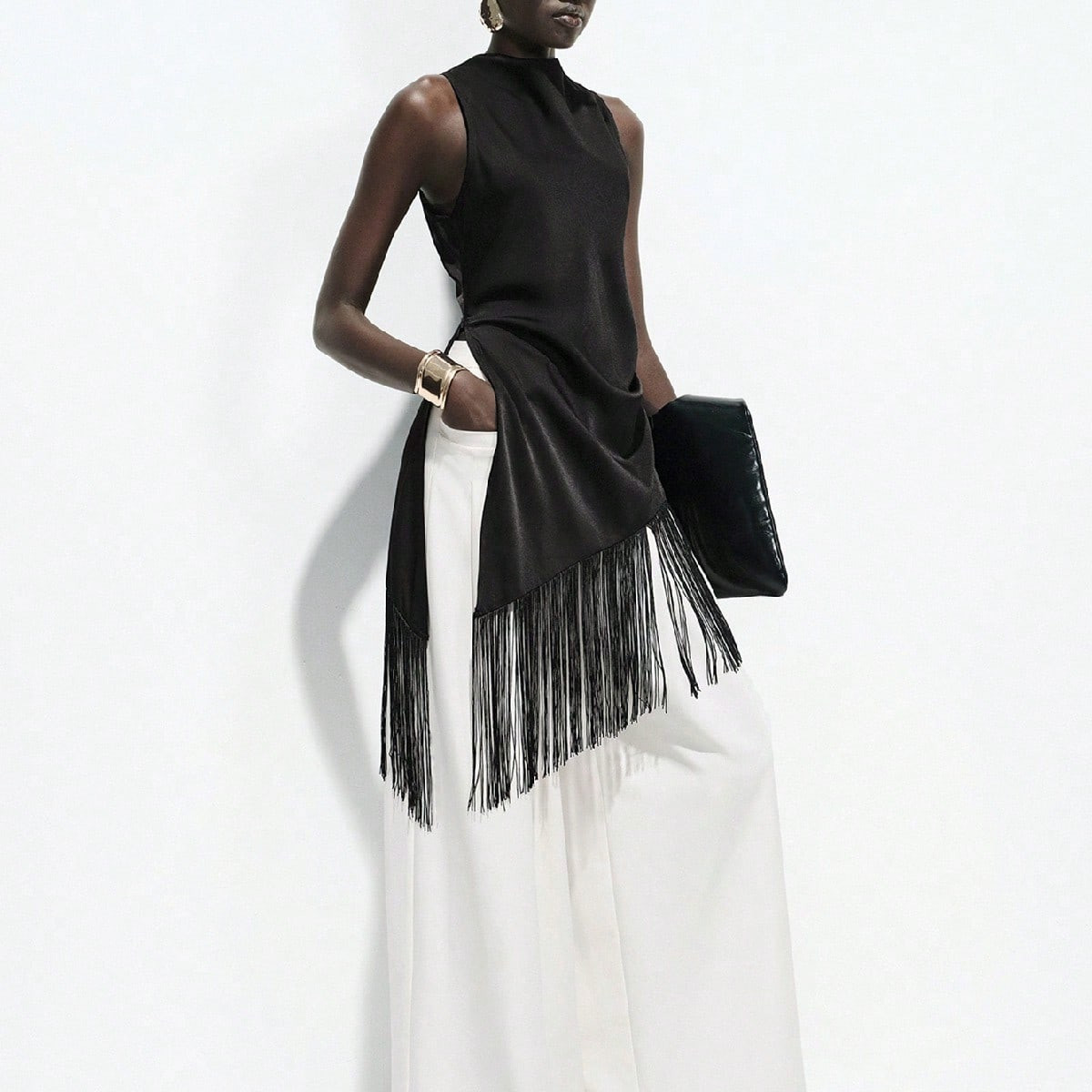 Lumivelle Women's Black Satin Blouse, Draped Neck, High Slit, Tassel Patchwork, Elegant Romantic Vintage Top, Suitable For Spring/Summer Occasions Such As Casual Wear, Airport, Date, Fashion Show, Party, Wedding Designer Top Fringed Top Fringe Outfits Women | SHEIN