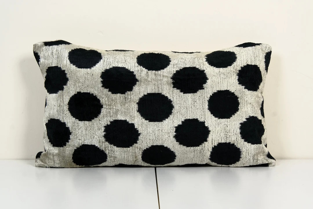 Black Ikat Velvet Pillow Cover, Ethnic Polka Dot Velvet Lumbar Pillow Cover, Hand-dyed Ikat Silk ... | Etsy (US)