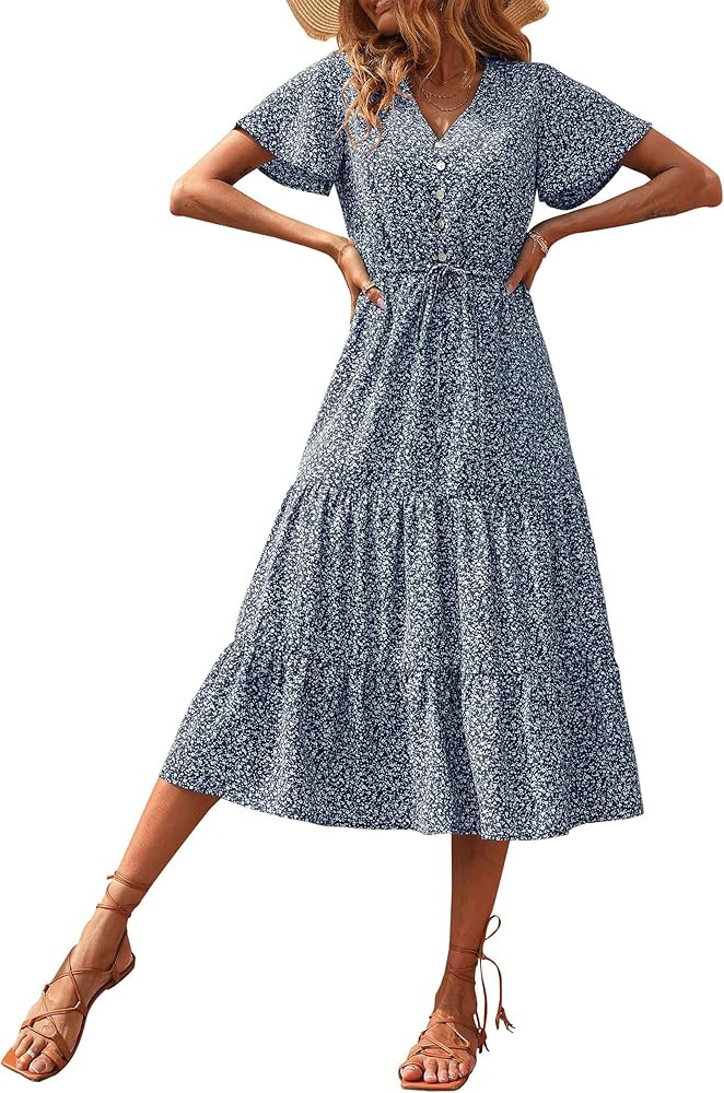 PRETTYGARDEN Women's Floral Boho Dress Casual Short Sleeve V Neck Ruffle Tiered Summer Swing Maxi... | Amazon (US)