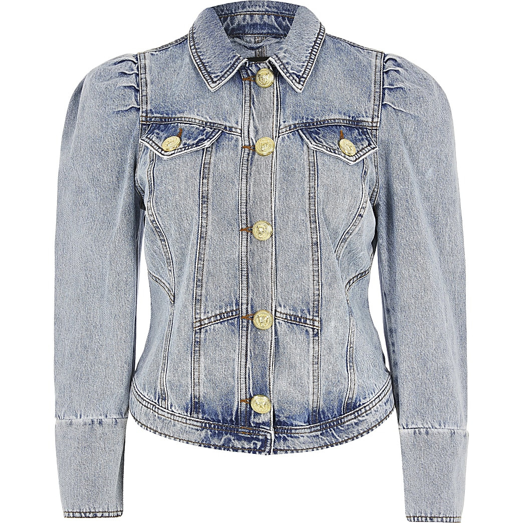 Petite puff sleeve mid blue denim jacket | River Island (UK & IE)