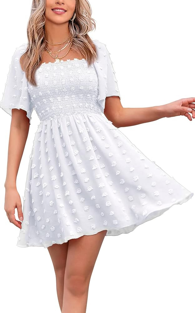 EXLURA Women's 2026 Summer Casual Dresses Short Sleeve Polka Dot Flowy Mini Dress Square Neck Ruffle Beach Graduation Dress | Amazon (US)