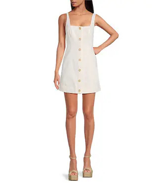 Georgie Square Neck Sleeveless Button Front Linen Shift Dress | Dillard's