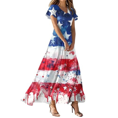 Red White and Blue Maxi Dresses for Women Womens Fourth of July Summer Dress Ruffle Flutter Sleeve Chiffon Flowy Dresses V Neck 4Th of July Outfits Empire Waist Vacation Casual Dress Red L | Amazon (US)