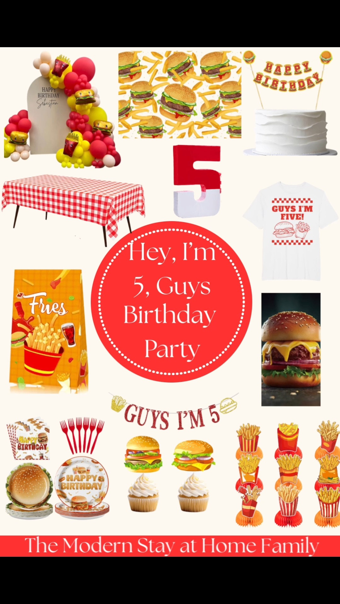 🍔🍟 Guys, I’m 5! This burger-and-fries birthday party theme is such a fun twist for a fifth birthday celebration! From burger balloons and fry decorations to red-and-white checkered tablecloths, themed cake toppers, party plates, cupcake toppers, and the cutest “Guys I’m Five” birthday shirt, these party finds make planning a memorable 5th birthday easy. Whether you’re hosting a backyard burger bash or creating a fast-food-inspired party setup, this theme is packed with fun details that kids will love and parents will appreciate. Save this party inspiration for your next birthday celebration!

Guys I’m 5 birthday party, Guys I’m Five birthday party, 5 Guys birthday party theme, burger birthday party, fries birthday party, fifth birthday party boy, 5th birthday theme, burger and fries party decorations, fast food birthday party, boys birthday party ideas, red and white checkered party, burger balloons, french fry decorations, birthday cake topper, birthday party supplies, birthday shirt for boys, fifth birthday celebration, burger cake ideas, birthday table decor, fun birthday themes for boys.
Guys I’m 5 birthday party, Guys I’m Five theme, 5 Guys inspired birthday party, burger and fries birthday party, burger birthday decorations, french fry party decor, fifth birthday party ideas, boys birthday party themes, birthday cake topper, birthday plates and napkins, burger balloons, fast food party theme, red checkered party decor, birthday shirt ideas, turning 5 party, birthday inspiration, kids birthday party setup, burger bash birthday, fun fifth birthday ideas, birthday party planning.

#LTKmomlife #LTKKids #LTKfoodie