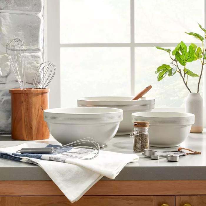 3pc Defined Rim Stripe Stoneware Mixing Bowl Set Sour Cream - Hearth & Hand™ with Magnolia | Target