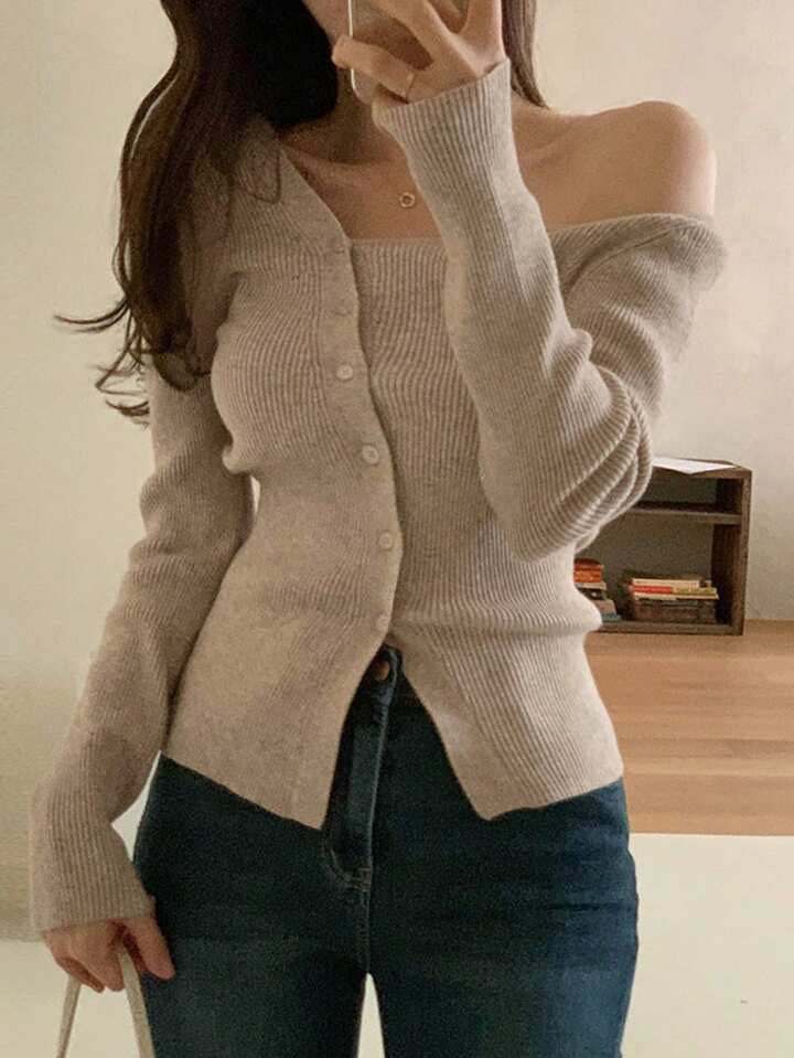 DAZY Solid Button Through Ribbed Knit Cardigan | SHEIN