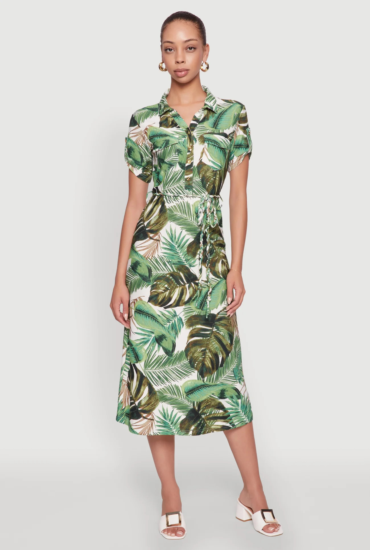 Tropical Leaf Tie Waist Belted Half Button Front Shirt Dress | Rainbow Shops