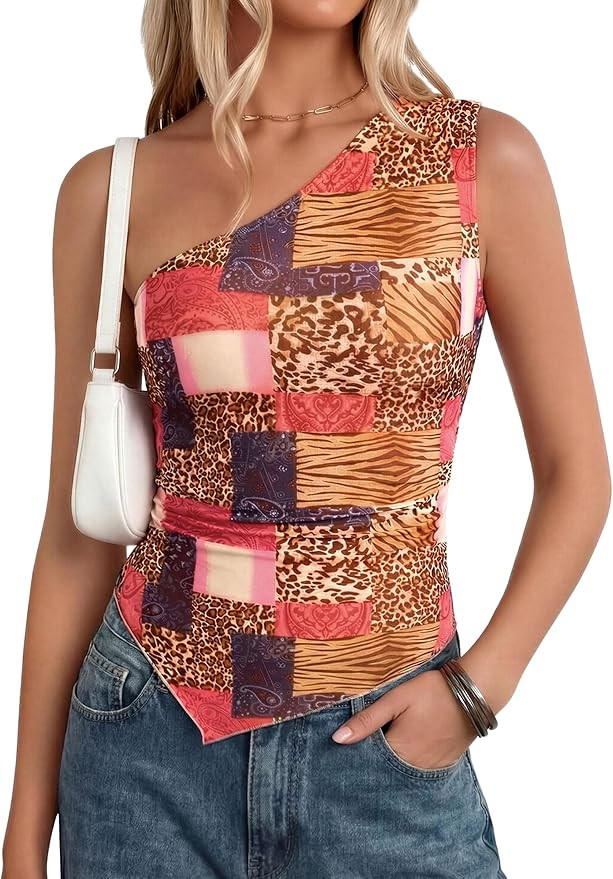 PRETTYGARDEN Going Out Tops for Women Floral Mesh Y2K Shirt 2026 Summer One Shoulder Asymmetrical... | Amazon (US)