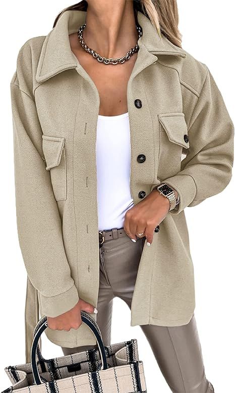 FARYSAYS Womens Shacket Jackets Long Sleeve Button Down Shirts Trench Pea Coat | Amazon (US)