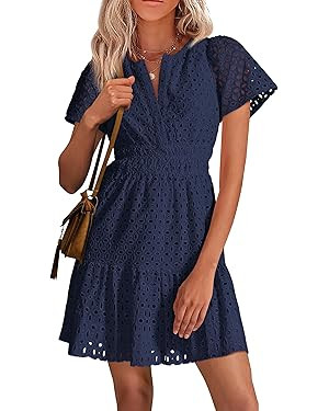 PRETTYGARDEN Womens 2025 Summer Short Dress V Neck Short Sleeve A Line Hollow Out Lace Ruffle Cut... | Amazon (US)