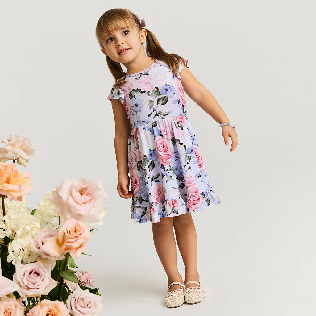 Floral Blue Girl Marion Tie Back Ruffled Twirl Dress | Posh Peanut® | Posh Peanut