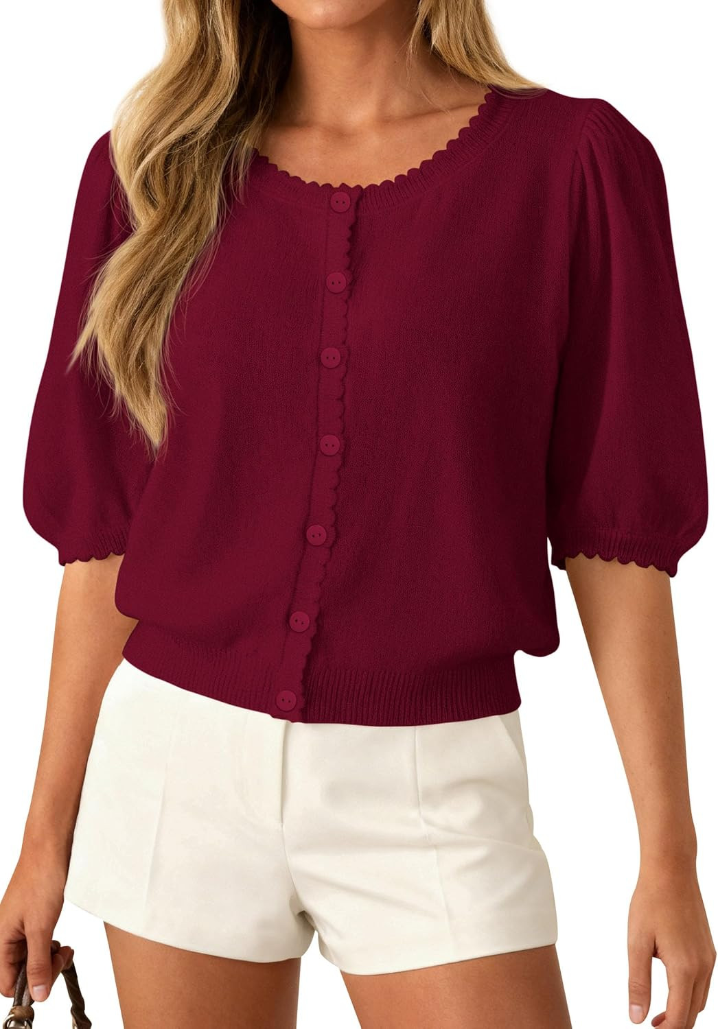 PRETTYGARDEN Women Short Sleeve Lightweight Knit Cardigans | Soft Button Up Shirts, Comfy Sweater Tops, Scalloped Crew Neck, Spring Summer Clothes for Casual Outings, Date Nights & Work | Amazon (US)