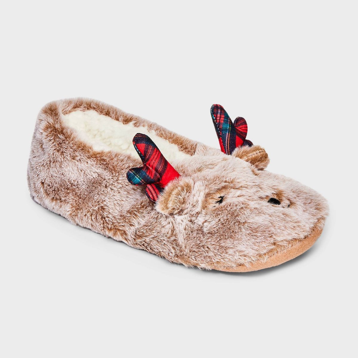 Women's Reindeer Faux Fur Pull-On Slipper Socks with Grippers - Wondershop™ Brown | Target